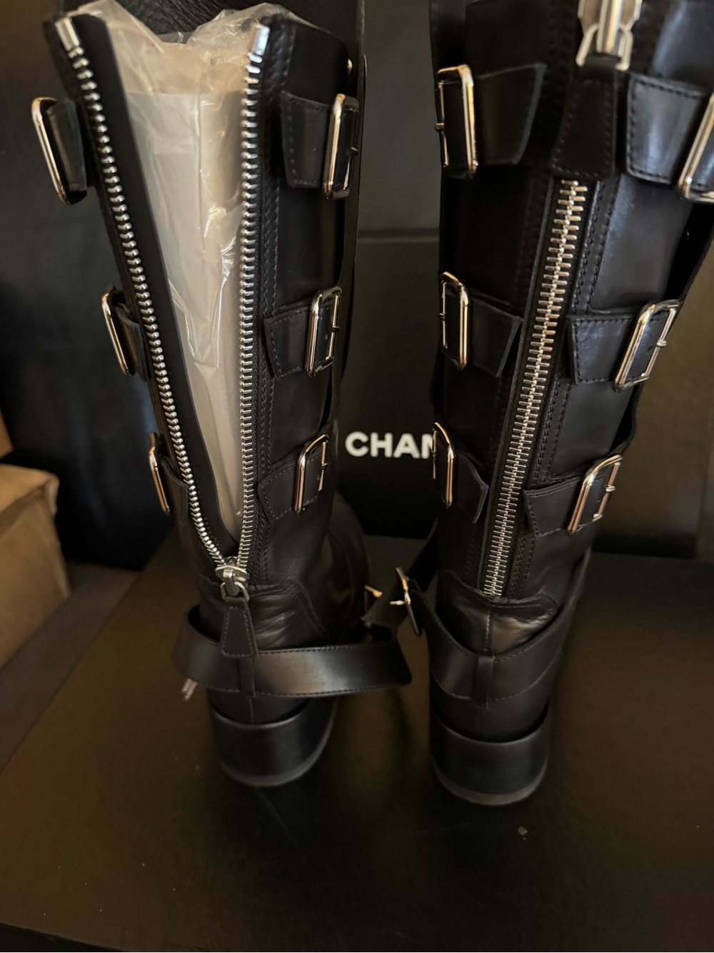CHANEL Black Leather Knee-High Combat Boots with Silver Plate - Picture 6 of 16